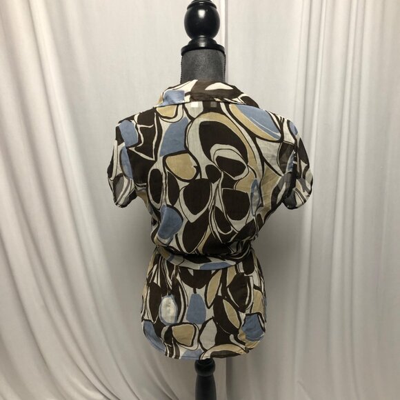 Studio 1940 Top Womens Size Small Brown Blue Sheer Short Sleeve Belted Blouse - Picture 5 of 7